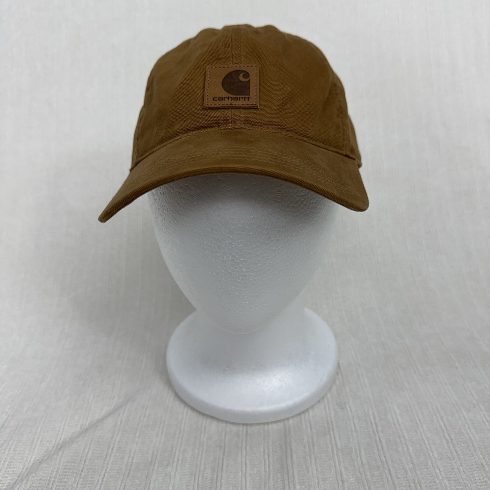 Carhartt Odessa Force Strapback Hat USA Khaki Brown Work Cap Leather Logo‎ EUC